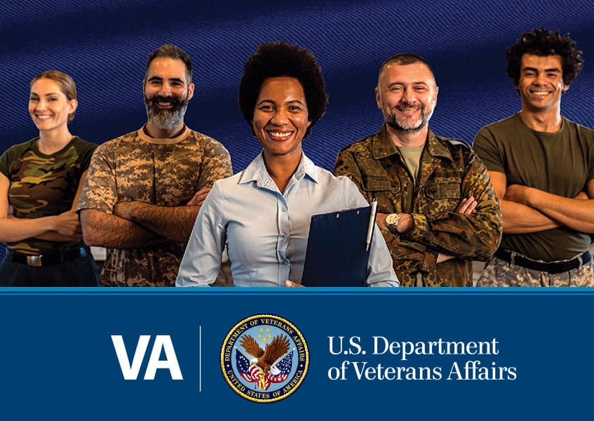 Five military veterans and the Veterans Affairs logo
