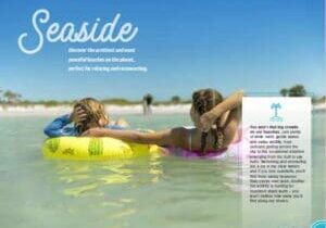 Example spread from Punta Gorda/Englewood Beach visitor guide. Two children, back to camera, playing in the water.