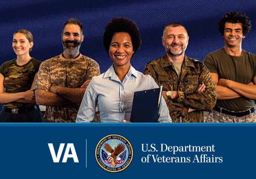Five military veterans and the Veterans Affairs logo