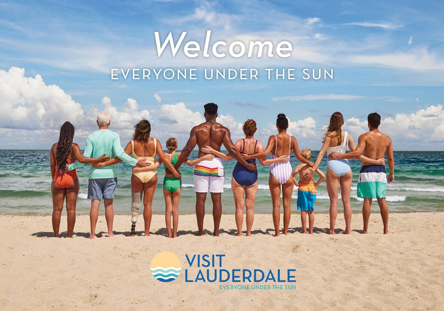 Visit Lauderale logo over a line up of people on the beach